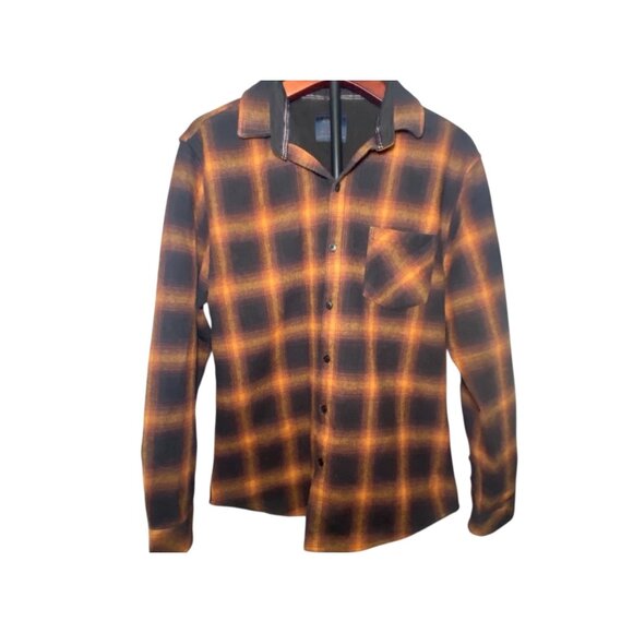 Nomad Mens L Long Sleeve Flannel Black Orange Plaid Shirt Cotton Casual Evermore - Picture 2 of 9